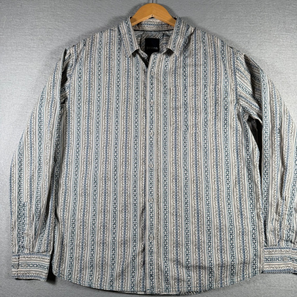 Prana Breathe‎ Mens XL Blue Grey Geometric Stripe Cotton Button Down Shirt